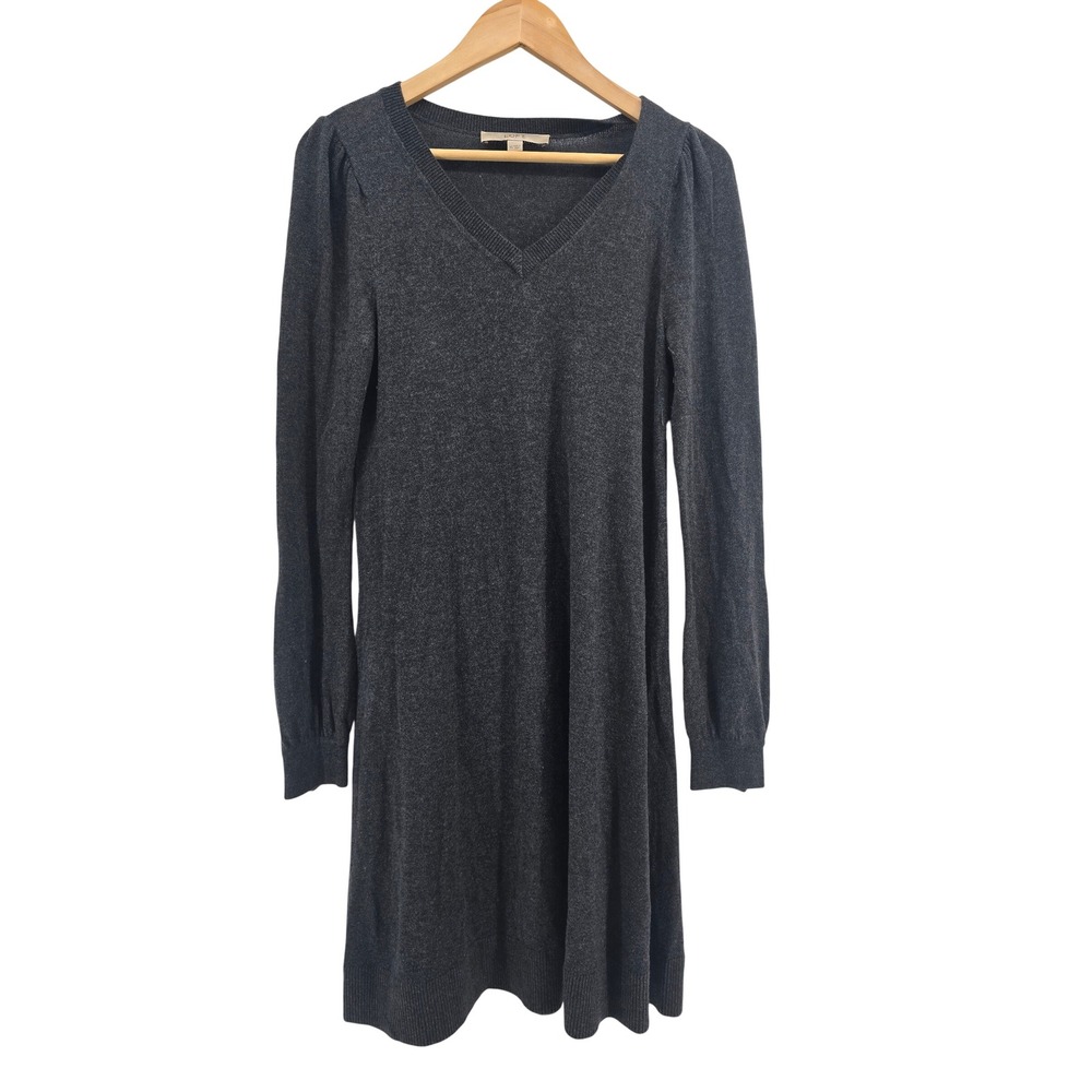 LOFT Sweater Dress Womens XS V-Neck Charcoal Gray Puff Sleeve EUC